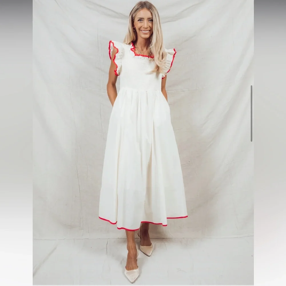 Elegant White Midi Dress with Red Trim Piper & Scoot Midgley - Picture 4 of 7